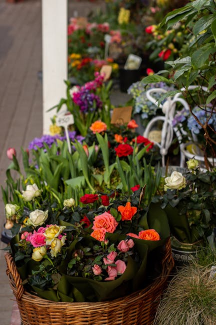 A large wicker basket filled with an assortment of fresh flowers, including bright red carnations, soft pink and orange roses, and purple hyacinths, arranged in a lush, informal bouquet style with gre