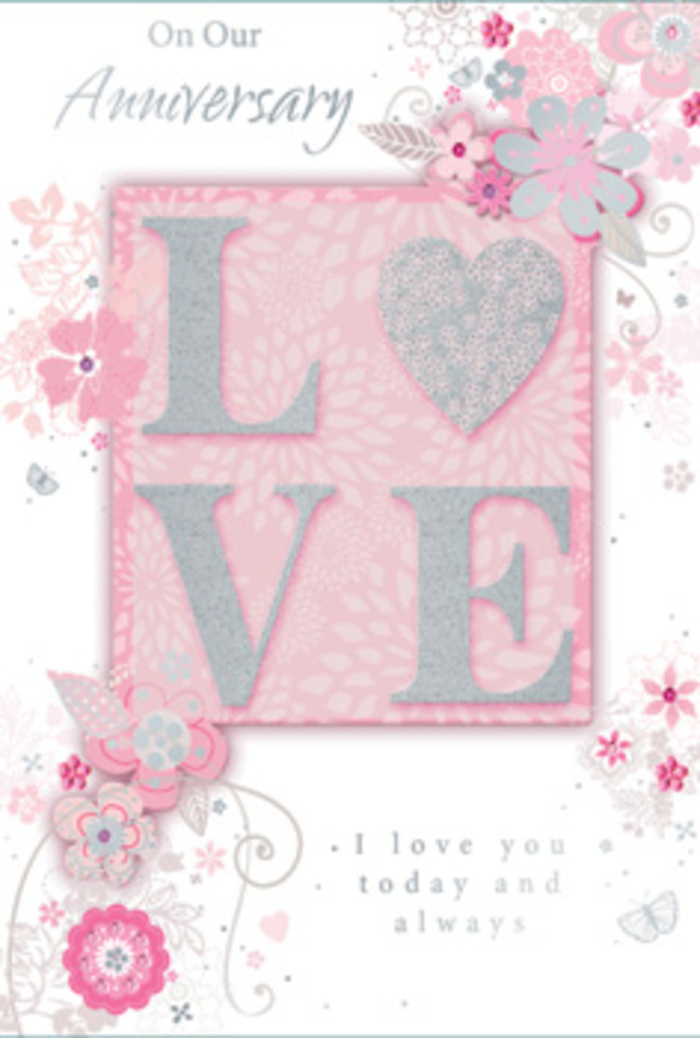 In this detailed photograph, an anniversary card is shown upright, its design evoking the feeling of stepping into a soft, light-filled room in Colliers Wood where flowers and memories are cherished side by side. The central focus is the word "LOVE," rendered in large, raised letters that have been dusted with fine, shimmering glitter. The frosted sparkle gives each stroke a gentle sheen and a distinctly tactile quality, encouraging the fingertips to linger. The letters rest on a blush-pink background panel, slightly recessed within a broader, paler frame, giving the impression of a carefully matted print. Flowing around this centrepiece is a border of wispy, hand-drawn blooms and trailing foliage. The flowers are stylised but expressive, coloured in shades of blush pink, lilac, ivory, and soft grey, with silver highlights that catch the light like the changing reflections on nearby shop windows along the high street. Thin filigree lines trace the stems and leaves, weaving in and out between the blossoms, while delicate, almost hidden butterflies nestle quietly among the petals. The overall arrangement feels much like a florist's sketch brought to life in ink and shimmer. At the upper portion of the card, "On Our Anniversary" appears in graceful script, balanced by the sentiment "I love you today and always" near the bottom in a simple yet elegant font. The generous spacing and gentle curves of the text create a calm rhythm for the eyes. The whole piece can be imagined as the paper equivalent of a hand-tied bouquet prepared at Flowers Colliers Wood-a refined, romantic gesture meant to celebrate a relationship that has grown and flourished over time.