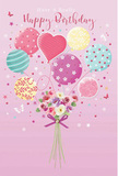 Pastel balloon and floral birthday card illustration that captures a light, joyful mood, perfectly suited to a relaxed celebration in Colliers Wood. The background is a delicate shade of pink, smooth and even, like the soft hue of early morning light along Wandle Park. Centered at the bottom is a hand-tied bouquet of roses and anemone-like blossoms, clustered in a rounded, garden-style arrangement. Their colours range from warm ivory to blush pink and gentle mauve, each petal delicately painted to look feathery, soft, and freshly opened. The stems are gathered and wrapped in a violet satin bow, the ribbon's surface shimmering quietly to show its texture and careful tying. Rising from this bouquet, an assortment of pastel balloons floats upward, each balloon expressing a different, playful pattern: some swirl with candy-striped bands of sea green, lemon, and rose, others bloom with cheerful polka dots, while a central heart-shaped balloon glows in a tender pink that radiates affection. The balloons' surfaces appear shiny and smooth, catching the light in subtle highlights and shaded curves that give them the illusion of floating just above the page. Scattered stars and a few dainty butterflies drift around the balloons and flowers, adding a sense of enchantment without overwhelming the design. The overall effect is airy, sweet, and quietly festive, like a birthday morning filled with surprise and smiles-an image that pairs beautifully with a real bouquet delivered from Flowers Colliers Wood to a doorstep anywhere in the local neighbourhood.