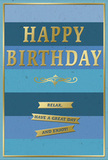 This birthday card offers a gentle, composed celebration, much like a relaxed afternoon wandering the paths around Colliers Wood and the River Wandle. The card's background is formed from wide, horizontal stripes of blue, which shift gradually from deep navy and midnight tones at the base through softer denim and teal hues, finally melting into a light, airy sky blue towards the top. The effect is soothing and expansive, evoking distant horizons and calm water. Centered against this layered backdrop, the phrase "HAPPY BIRTHDAY" is embossed in tall, metallic gold letters. The gold foil reflects the light in a warm, subtle shimmer, giving the card an air of importance while still feeling welcoming. Just beneath the main greeting, a graceful golden flourish scrolls across the card-a decorative line with curling ends that adds a touch of vintage elegance, as if borrowed from an old-fashioned bookplate. Below this flourish, three slender gold banners are stacked one above the other, each carrying part of a friendly instruction: "Relax, have a great day and enjoy!" The banners reinforce the card's horizontal rhythm while guiding the eye downward through the message. A slim gold rule runs around the edges, creating a neat frame that completes the composition. The surface of the card appears smooth with a soft, matte texture, which contrasts beautifully with the raised, lustrous gold details. You can easily imagine this card propped beside a fresh birthday bouquet delivered to a Colliers Wood home, its calm blues and gentle sparkle turning a simple greeting into a restful, cherished moment.